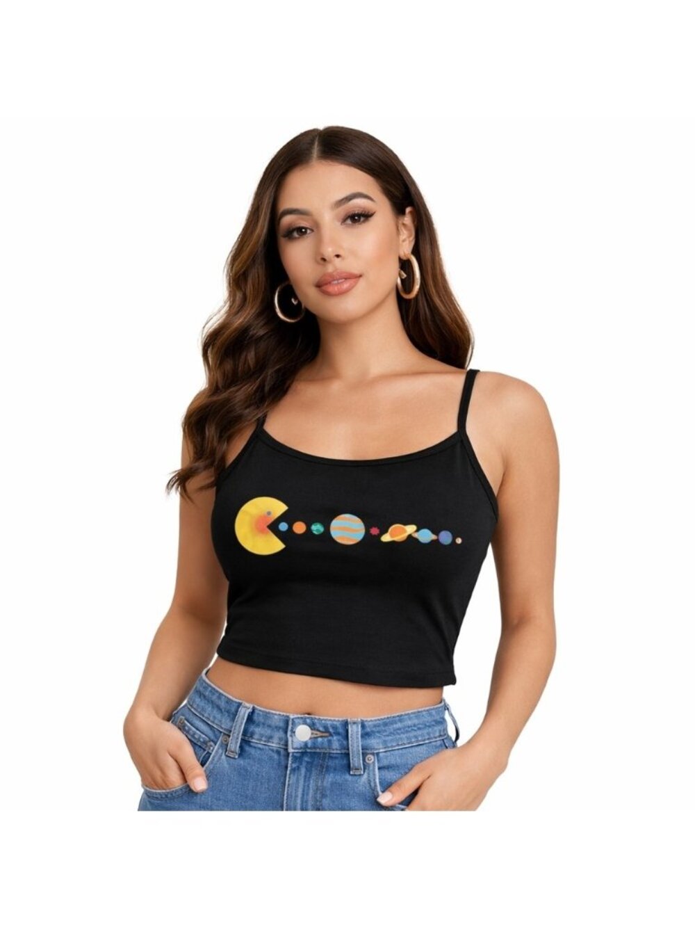 Pac-Man Eating Planets Black Cropped Graphic Tank Top Shirt